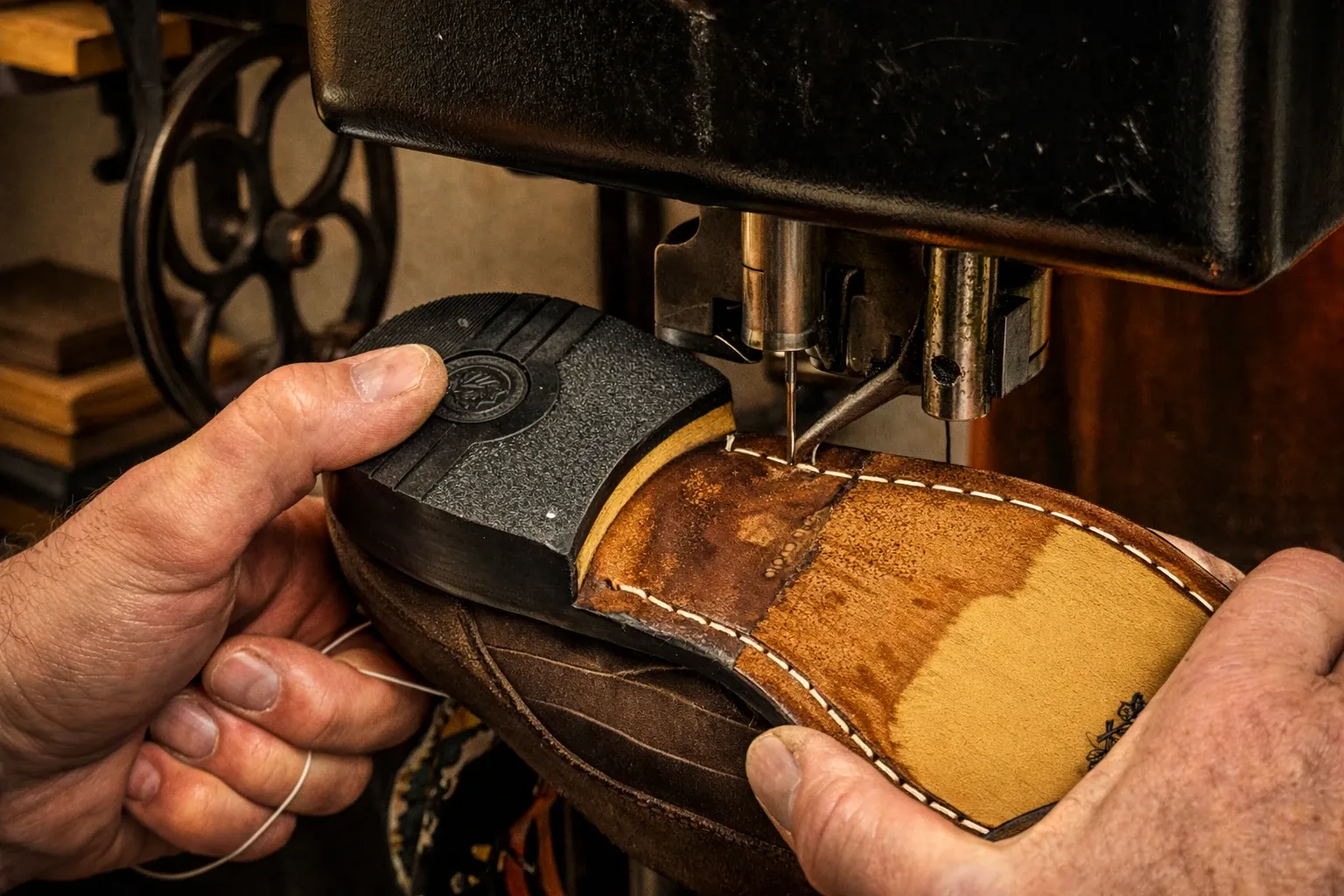 Close-up van stikwerk aan een schoenzool